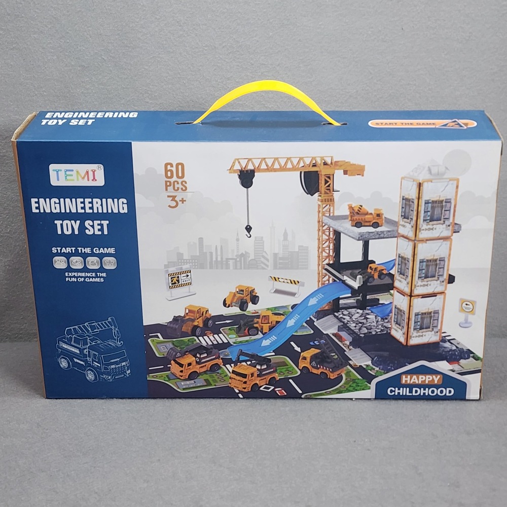 TEMI Engineering Toy Set Blue 60 Piece Construction Crane Vehicles Kids Unisex